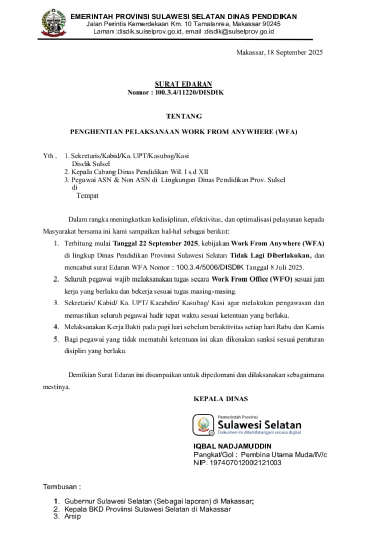 Disdik Sulsel Hentikan Work From Anywhere, Pegawai Wajib Kembali Bekerja dari Kantor